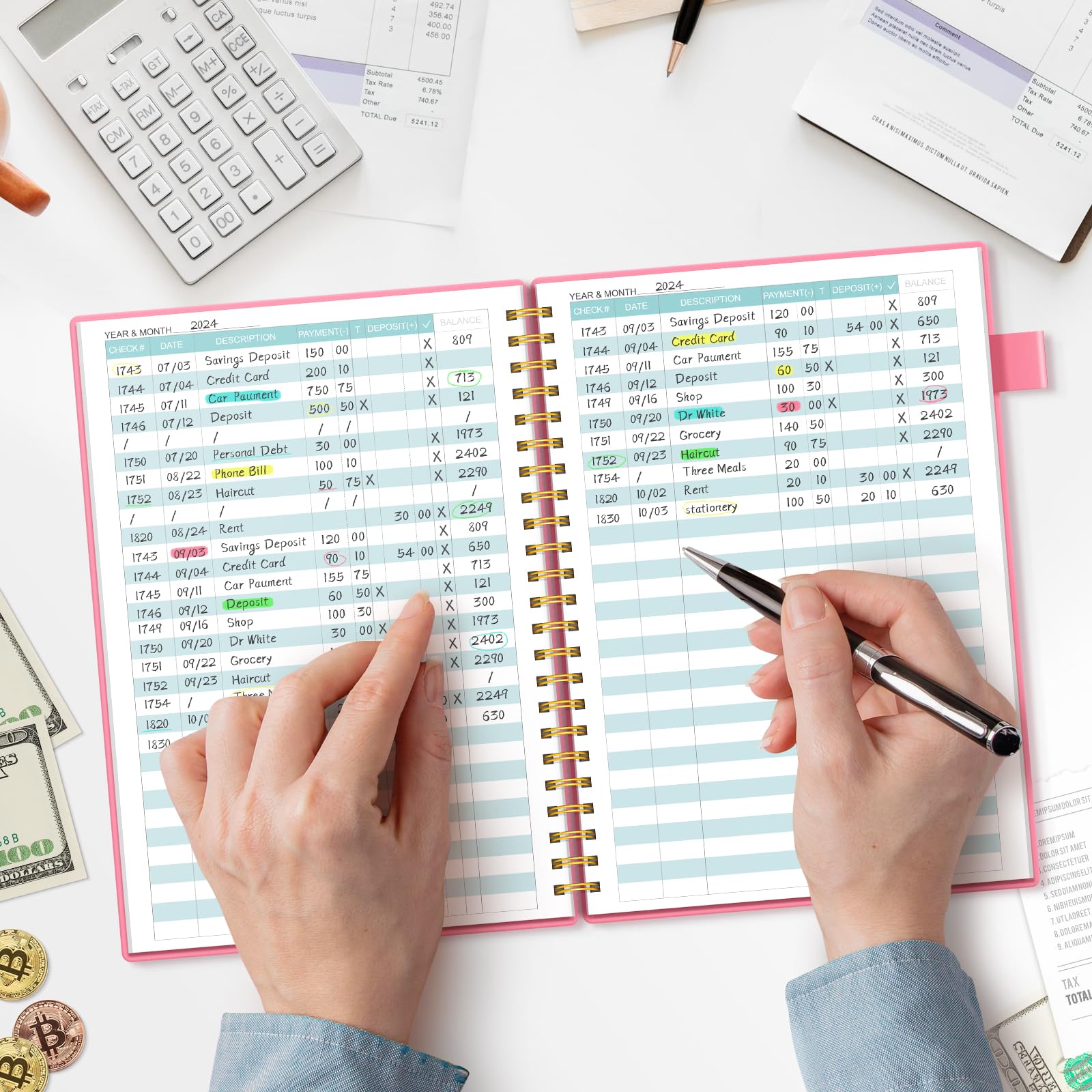 Person reviewing expense ledger and notebook